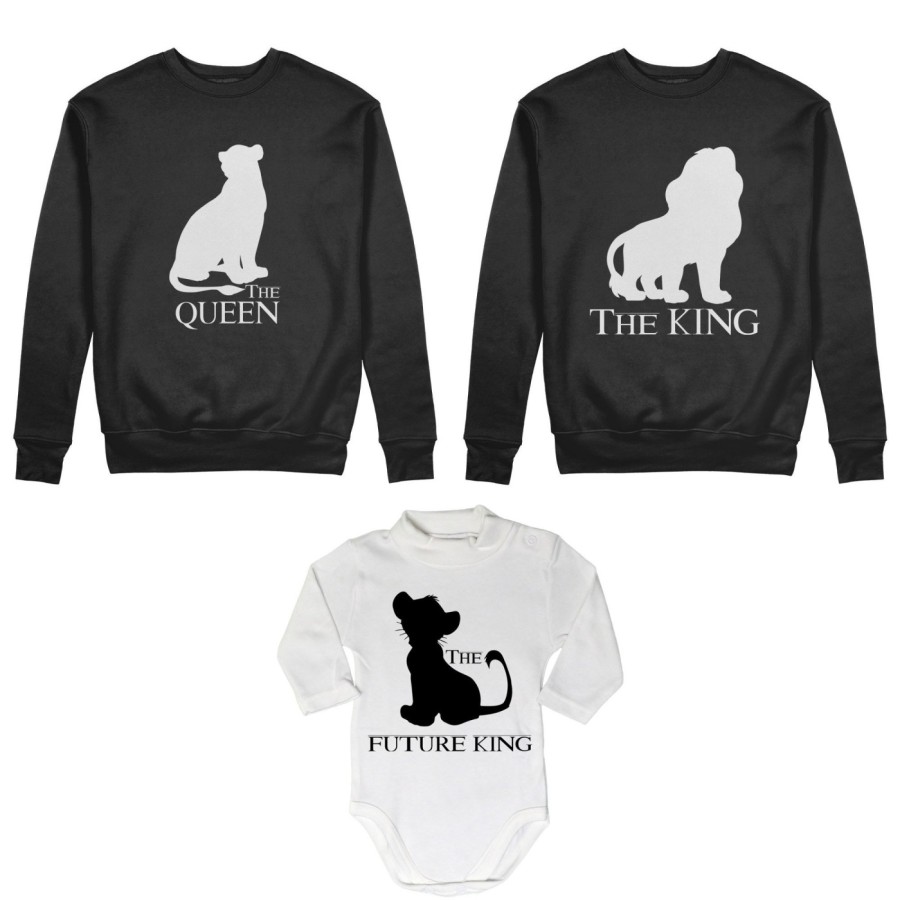 Tris felpe adulti neonato o body lupetto neonato the king the queen the future king lion Per la famiglia