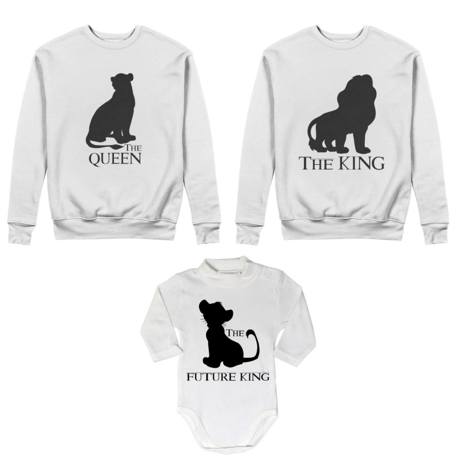 Tris felpe adulti neonato o body lupetto neonato the king the queen the future king lion Per la famiglia