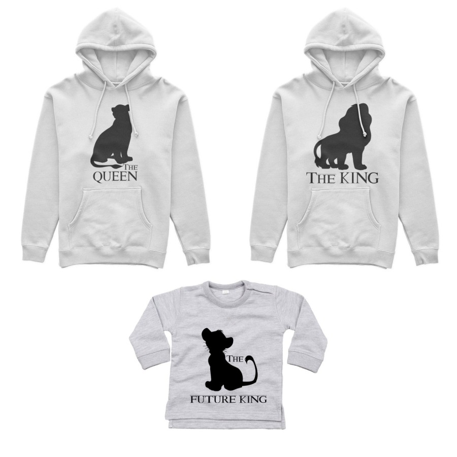 Tris felpe adulti neonato o body lupetto neonato the king the queen the future king lion Per la famiglia