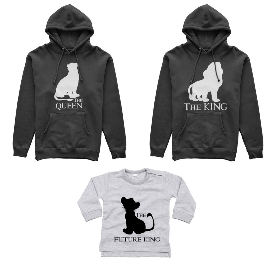 Tris felpe adulti neonato o body lupetto neonato the king the queen the future king lion Per la famiglia