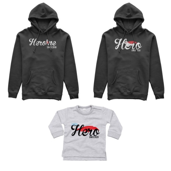 Tris felpe adulti o body lupetto personalizzato con anno hero since heroine since little hero since Per la famiglia