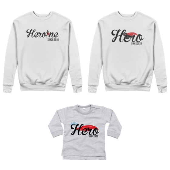 Tris felpe adulti o body lupetto personalizzato con anno hero since heroine since little hero since Per la famiglia 2