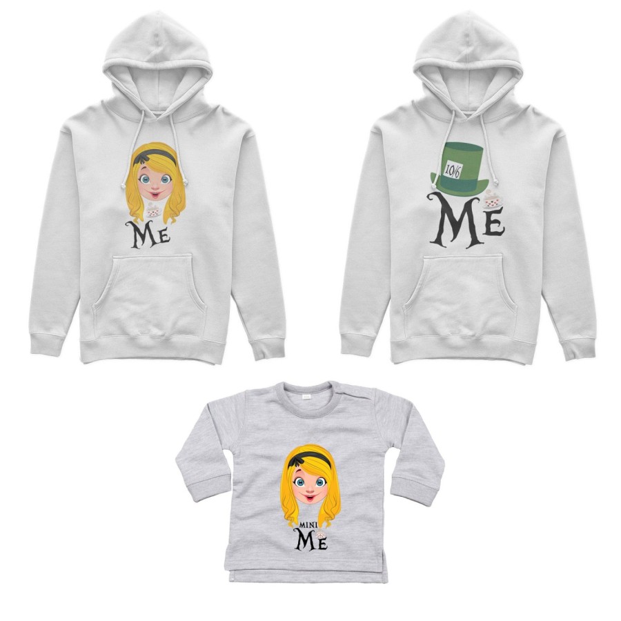 Tris felpe adulti neonato o body lupetto neonato me cappellaio matto me alice matto mini alice Per la famiglia