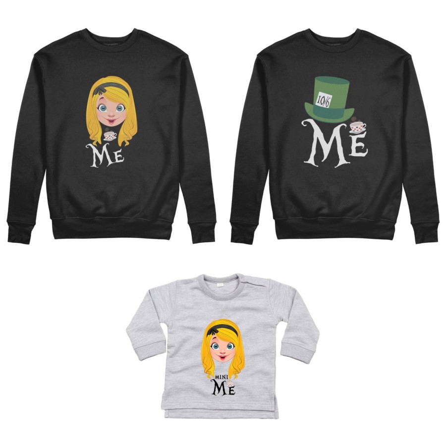 Tris felpe adulti neonato o body lupetto neonato me cappellaio matto me alice matto mini alice Per la famiglia