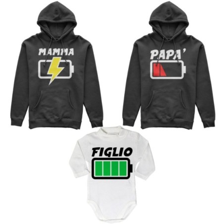 Tris felpe adulti o body lupetto papà batteria scarica mamma in carica figlia figlio carichissimi! Per la famiglia