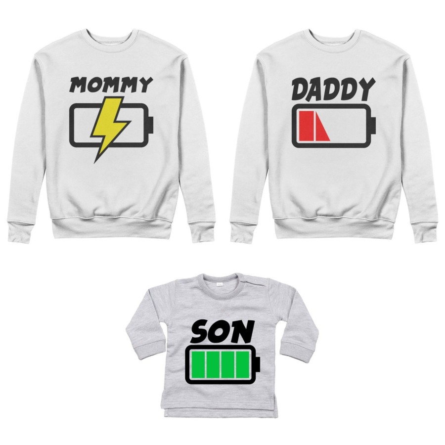 Tris felpe adulti o body lupetto daddy low battery mommy chaging son daughter super charged Per la famiglia