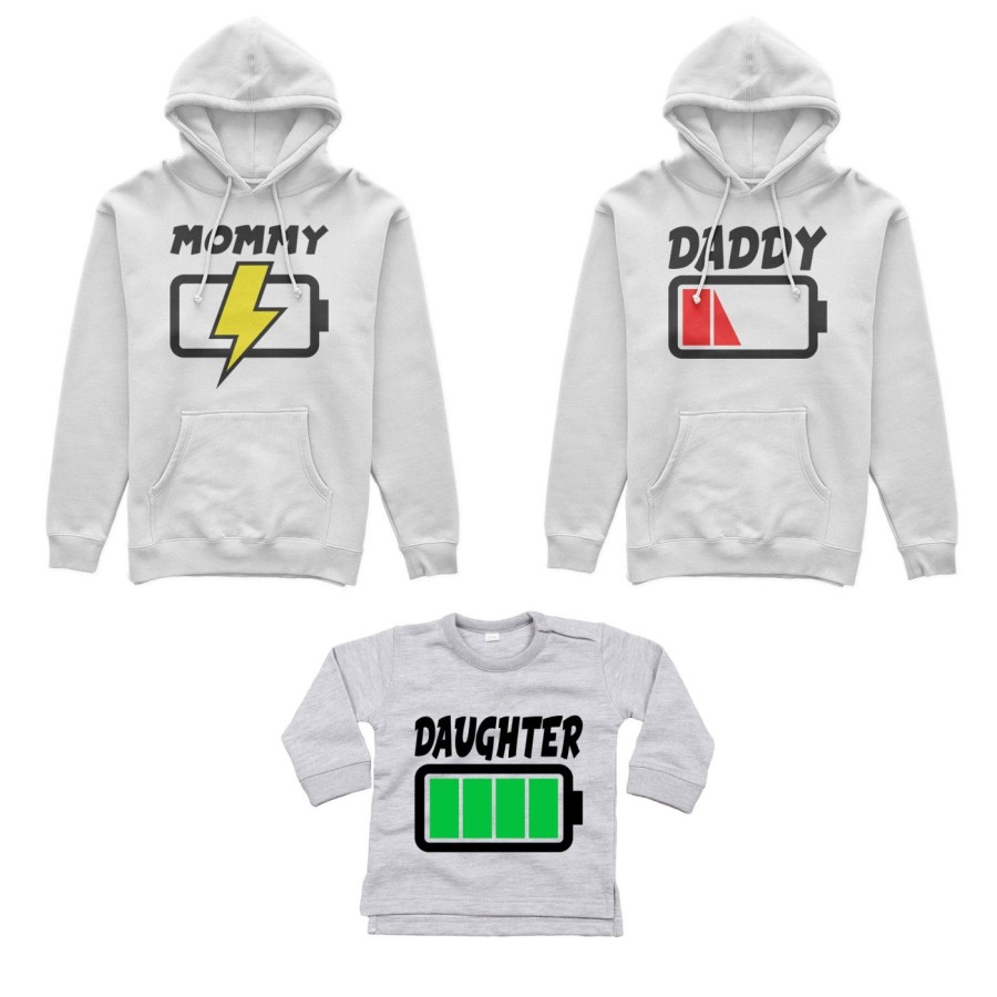 Tris felpe adulti o body lupetto daddy low battery mommy chaging son daughter super charged Per la famiglia