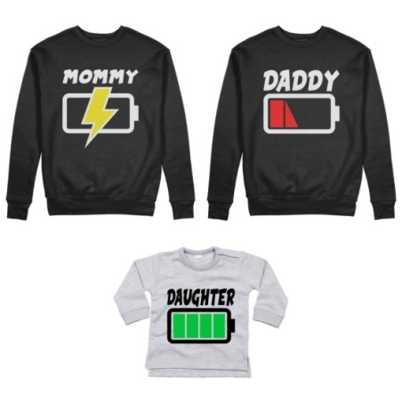 Tris felpe adulti o body lupetto daddy low battery mommy chaging son daughter super charged Per la famiglia