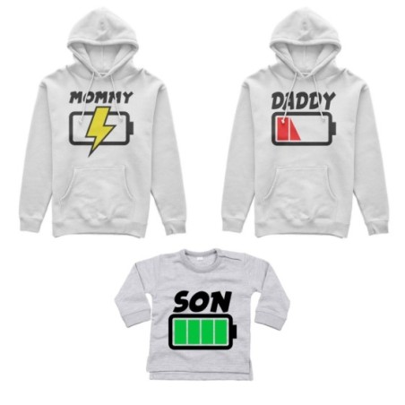 Tris felpe adulti o body lupetto daddy low battery mommy chaging son daughter super charged Per la famiglia
