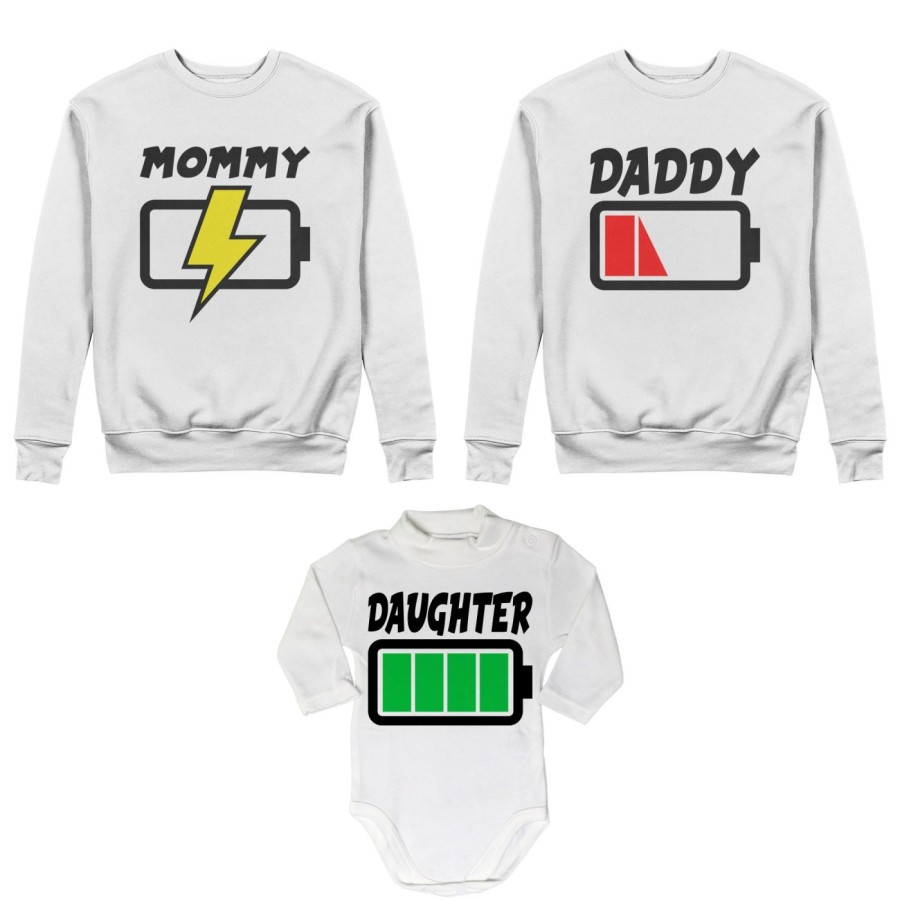 Tris felpe adulti o body lupetto daddy low battery mommy chaging son daughter super charged Per la famiglia