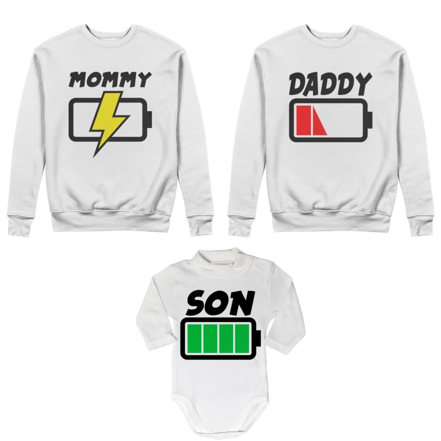 Tris felpe adulti o body lupetto daddy low battery mommy chaging son daughter super charged Per la famiglia