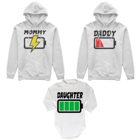 Tris felpe adulti o body lupetto daddy low battery mommy chaging son daughter super charged Per la famiglia