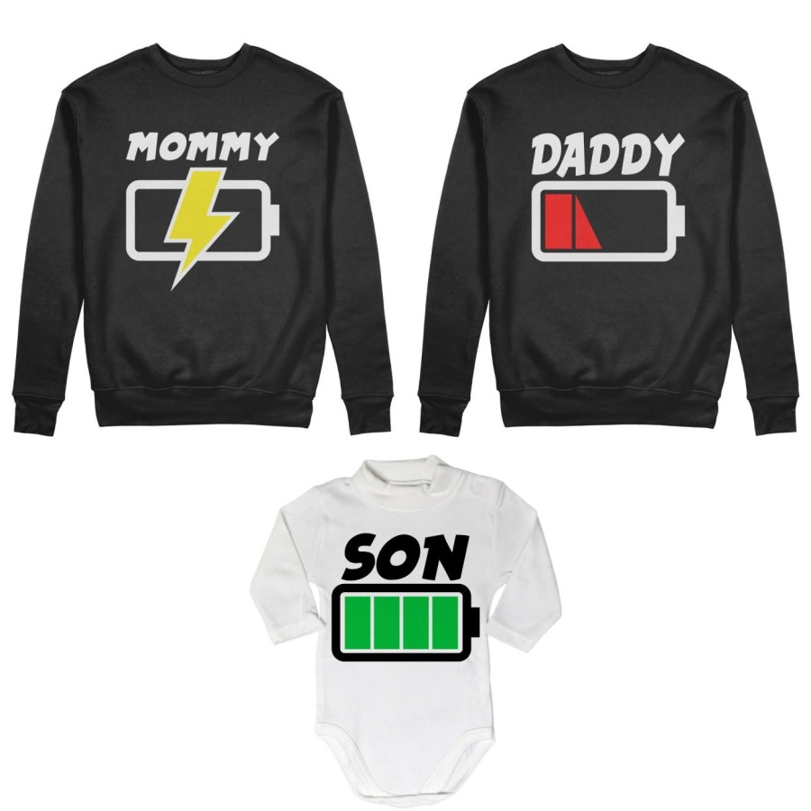 Tris felpe adulti o body lupetto daddy low battery mommy chaging son daughter super charged Per la famiglia