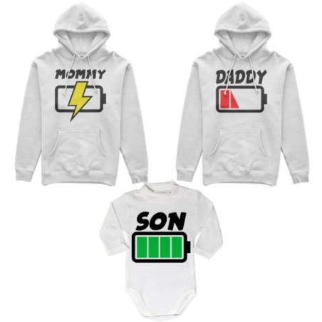 Tris felpe adulti o body lupetto daddy low battery mommy chaging son daughter super charged Per la famiglia