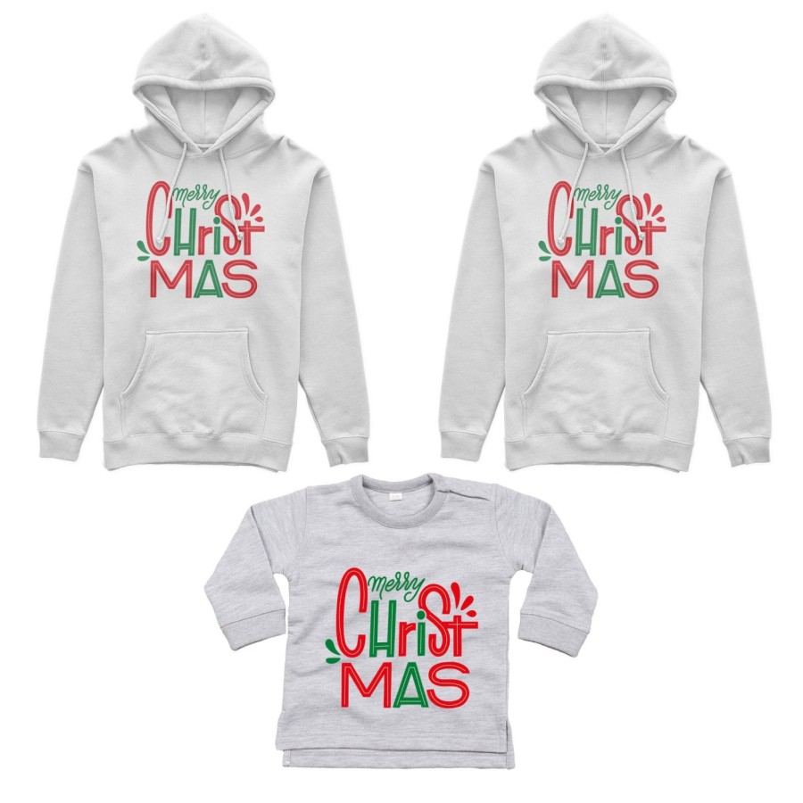 Tris felpe o body lupetto neonato per la famiglia personalizzabile con nomi merry christmas colorful Natale