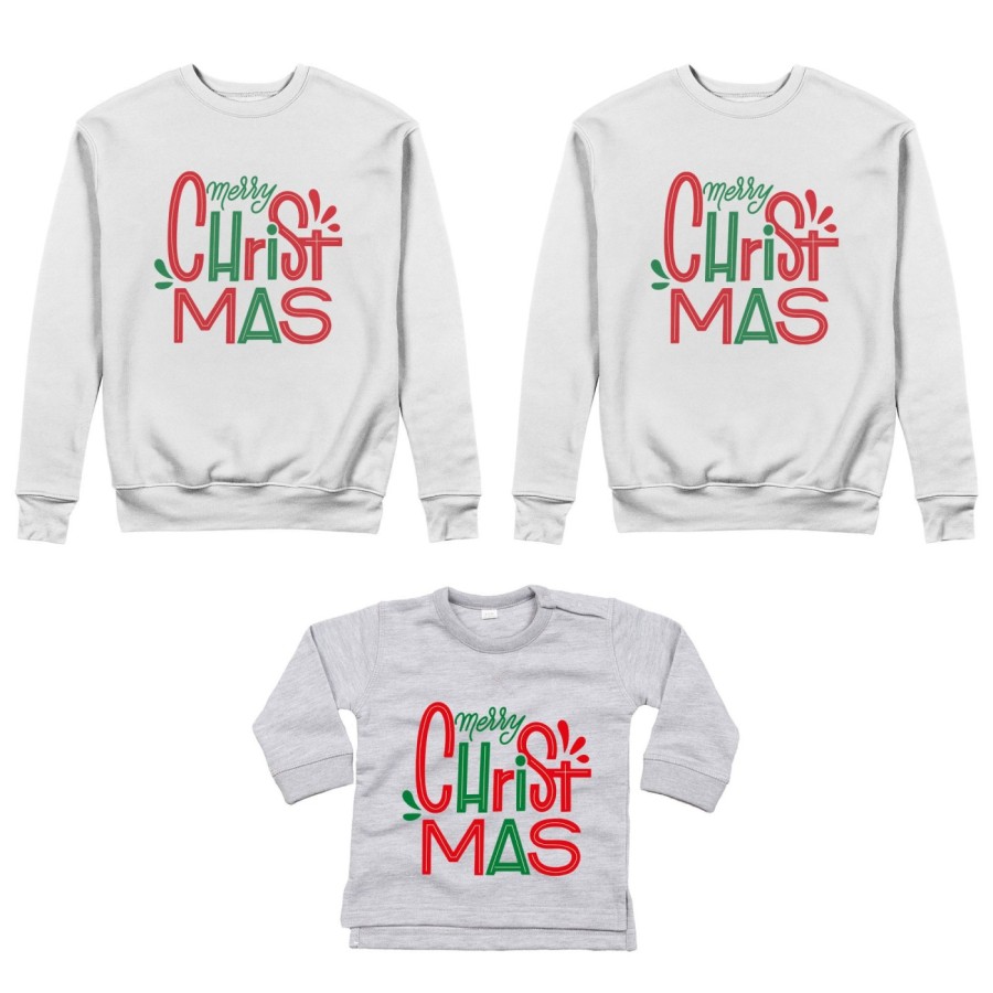 Tris felpe o body lupetto neonato per la famiglia personalizzabile con nomi merry christmas colorful Natale