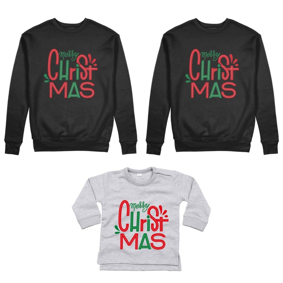Tris felpe o body lupetto neonato per la famiglia personalizzabile con nomi merry christmas colorful Natale