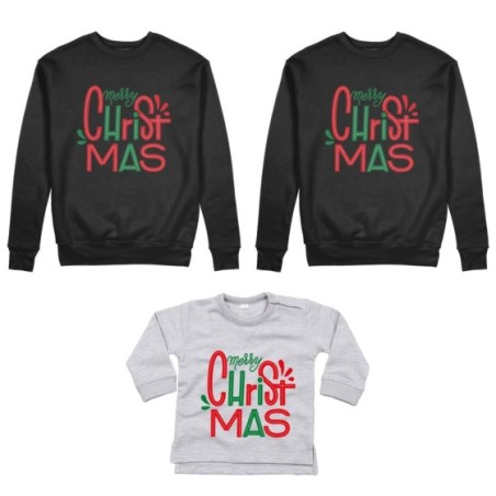 Tris felpe o body lupetto neonato per la famiglia personalizzabile con nomi merry christmas colorful Natale