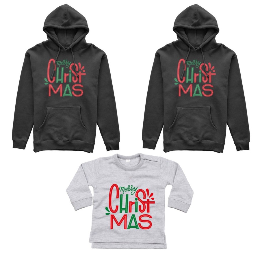Tris felpe o body lupetto neonato per la famiglia personalizzabile con nomi merry christmas colorful Natale