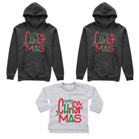 Tris felpe o body lupetto neonato per la famiglia personalizzabile con nomi merry christmas colorful Natale