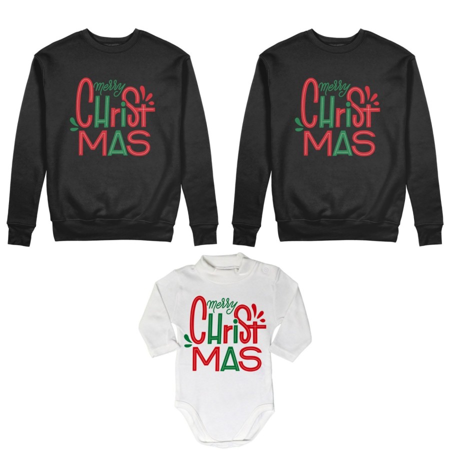 Tris felpe o body lupetto neonato per la famiglia personalizzabile con nomi merry christmas colorful Natale