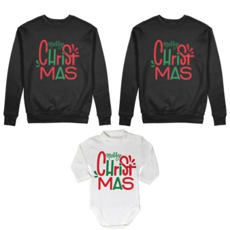 Tris felpe o body lupetto neonato per la famiglia personalizzabile con nomi merry christmas colorful Natale