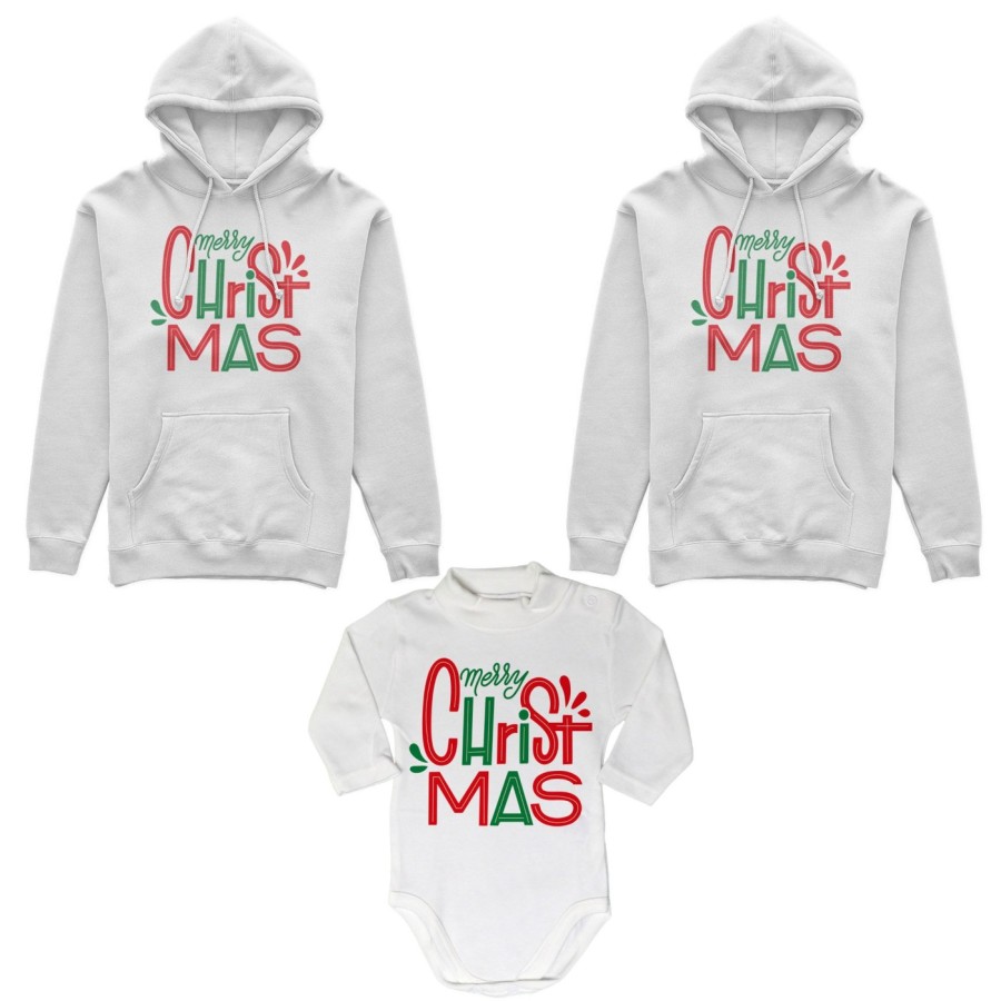 Tris felpe o body lupetto neonato per la famiglia personalizzabile con nomi merry christmas colorful Natale