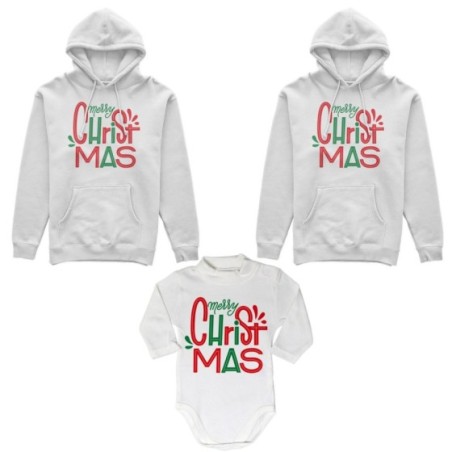 Tris felpe o body lupetto neonato per la famiglia personalizzabile con nomi merry christmas colorful Natale