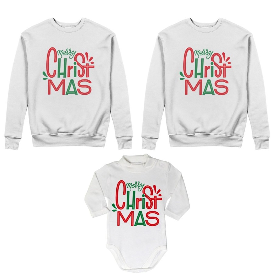 Tris felpe o body lupetto neonato per la famiglia personalizzabile con nomi merry christmas colorful Natale