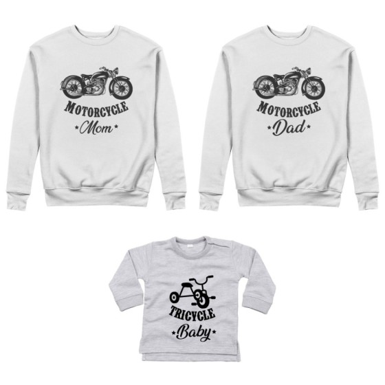 Tris felpe adulti neonato o body lupetto neonato motorcycle dad motorcycle mom tricycle baby Per la famiglia
