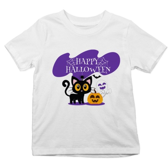 T-shirt bambino happy halloween con gattino zucca e fantasmino Halloween