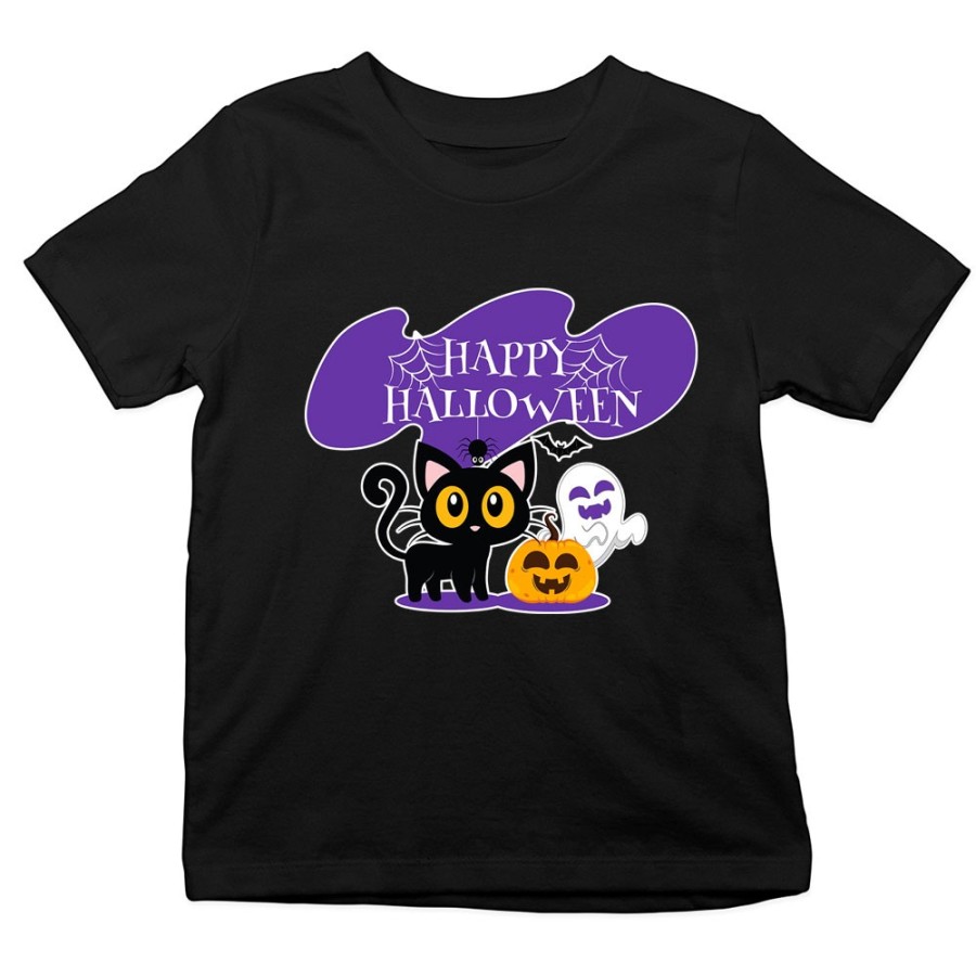 T-shirt bambino happy halloween con gattino zucca e fantasmino Halloween