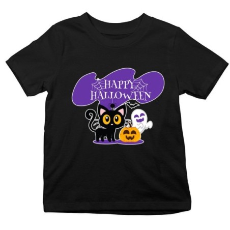 T-shirt bambino happy halloween con gattino zucca e fantasmino Halloween