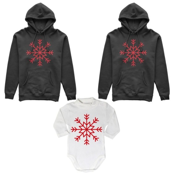 Tris felpe o body lupetto neonato per la famiglia personalizzabile con nome fiocco di neve Natale