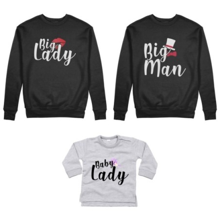 Tris felpe adulti neonato o body lupetto neonato big man big lady baby boy baby lady Per la famiglia