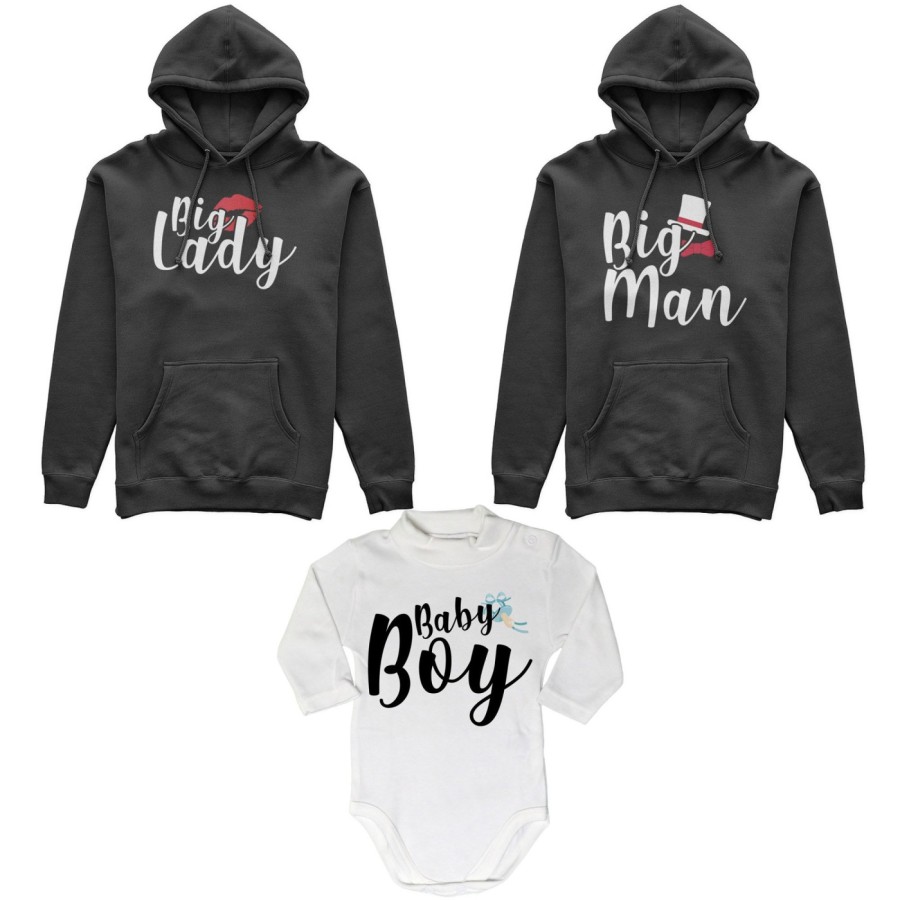 Tris felpe adulti neonato o body lupetto neonato big man big lady baby boy baby lady Per la famiglia