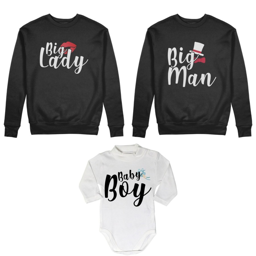 Tris felpe adulti neonato o body lupetto neonato big man big lady baby boy baby lady Per la famiglia