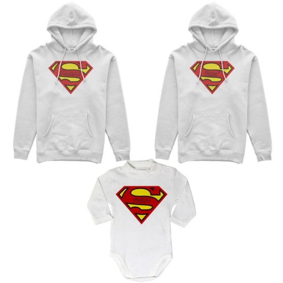 Tris felpe adulti neonato o body lupetto neonato super papà super mamma super figlia super figlio Per la famiglia