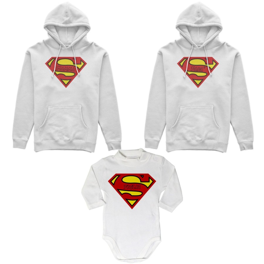 Tris felpe adulti neonato o body lupetto neonato super papà super mamma super figlia super figlio Per la famiglia