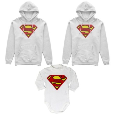 Tris felpe adulti neonato o body lupetto neonato super papà super mamma super figlia super figlio Per la famiglia