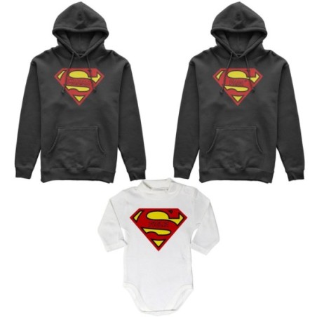 Tris felpe adulti neonato o body lupetto neonato super papà super mamma super figlia super figlio Per la famiglia