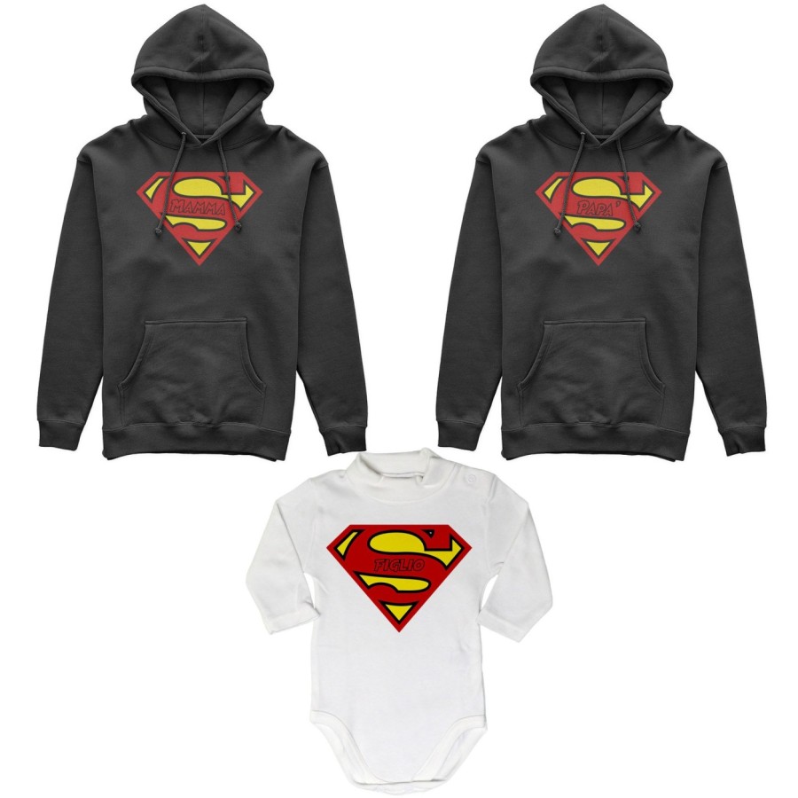 Tris felpe adulti neonato o body lupetto neonato super papà super mamma super figlia super figlio Per la famiglia