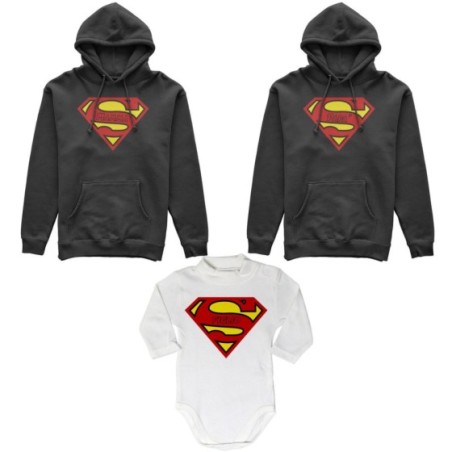 Tris felpe adulti neonato o body lupetto neonato super papà super mamma super figlia super figlio Per la famiglia