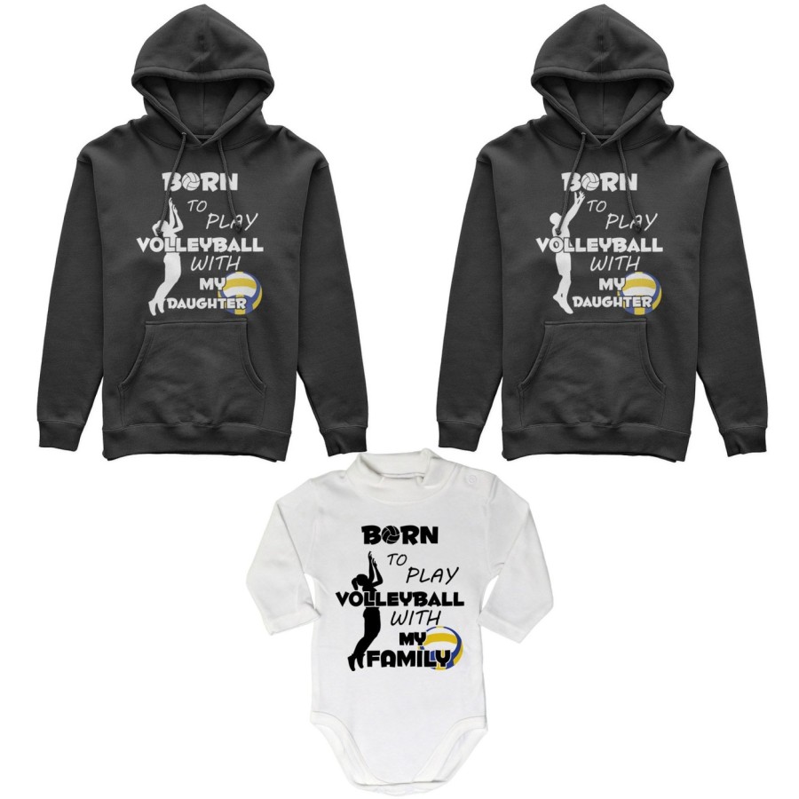 Tris felpe adulti neonato o body lupetto neonato born to play volleyball with my son my daughter Per la famiglia