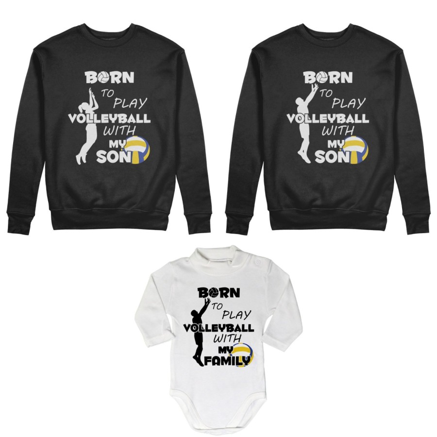 Tris felpe adulti neonato o body lupetto neonato born to play volleyball with my son my daughter Per la famiglia