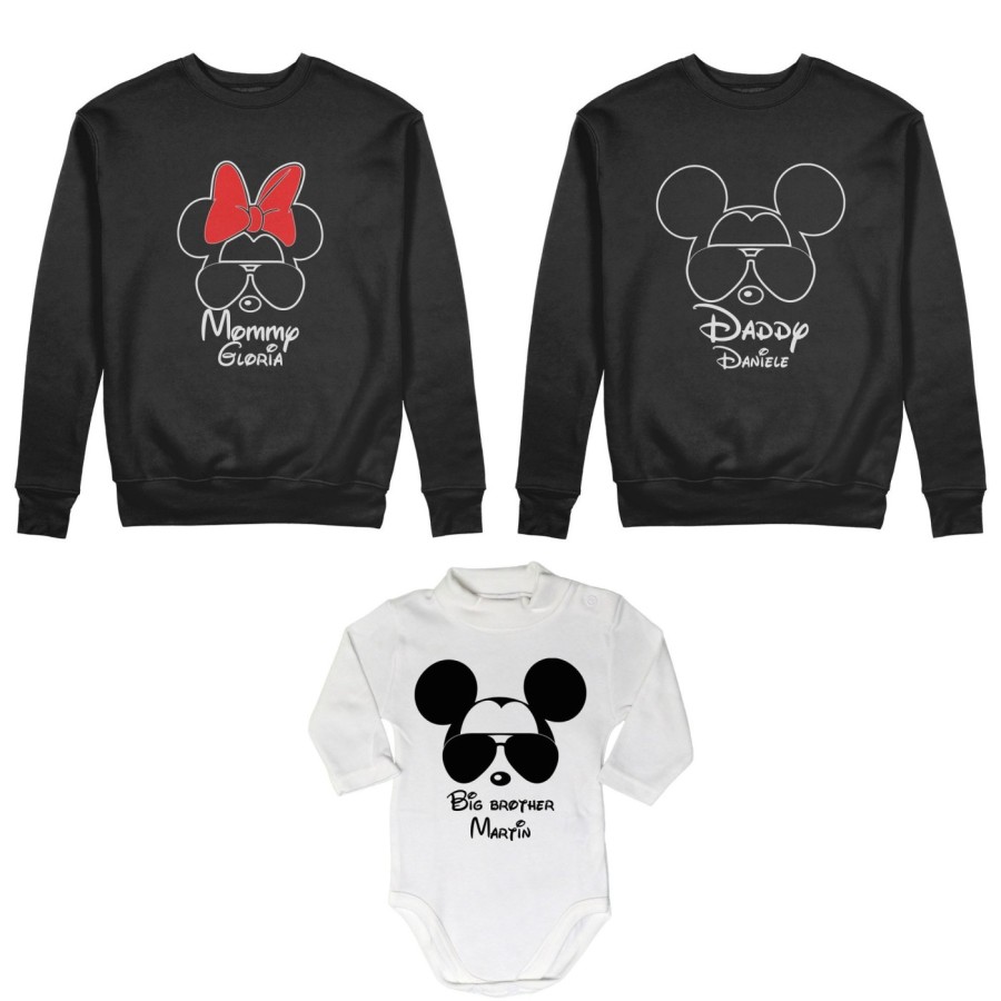 Tris felpe adulti o body lupetto personalizzato daddy mickey mommy minnie little brother mickey Per la famiglia
