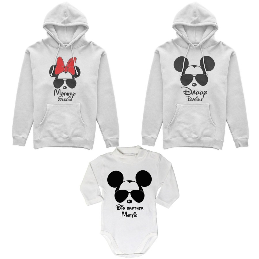 Tris felpe adulti o body lupetto personalizzato daddy mickey mommy minnie little brother mickey Per la famiglia