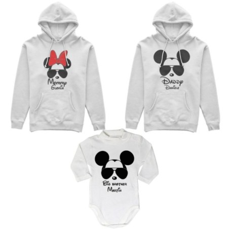 Tris felpe adulti o body lupetto personalizzato daddy mickey mommy minnie little brother mickey Per la famiglia