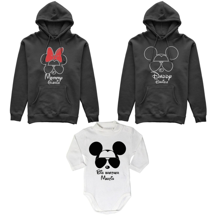 Tris felpe adulti o body lupetto personalizzato daddy mickey mommy minnie little brother mickey Per la famiglia
