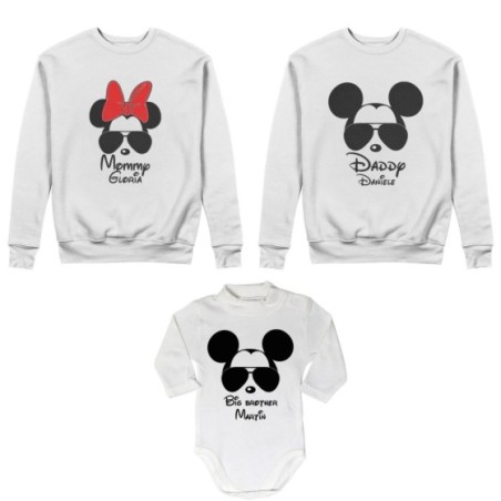 Tris felpe adulti o body lupetto personalizzato daddy mickey mommy minnie little brother mickey Per la famiglia